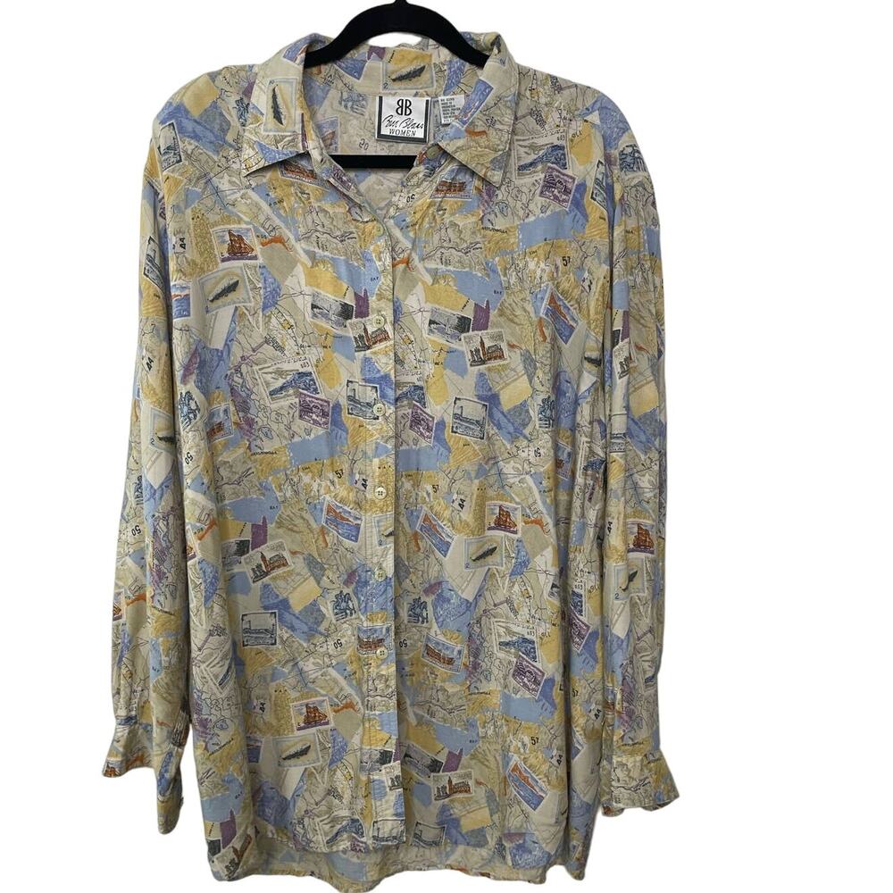 Vtg 90s Bill Blass Button Up Shoulder Pad Long Sleeve Graphic Novelty Print 2X